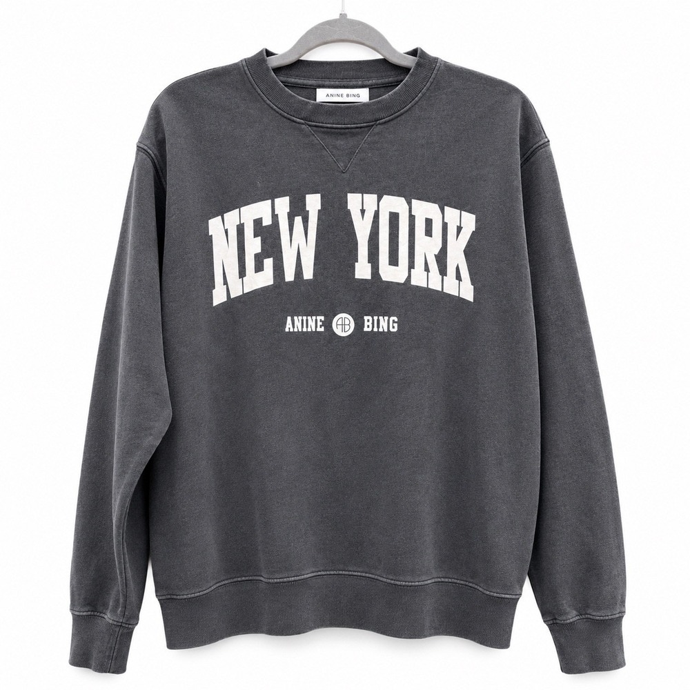 Anine Bing Womens XS New York Sweatshirt Charcoal Grey Organic Cotton Pullover